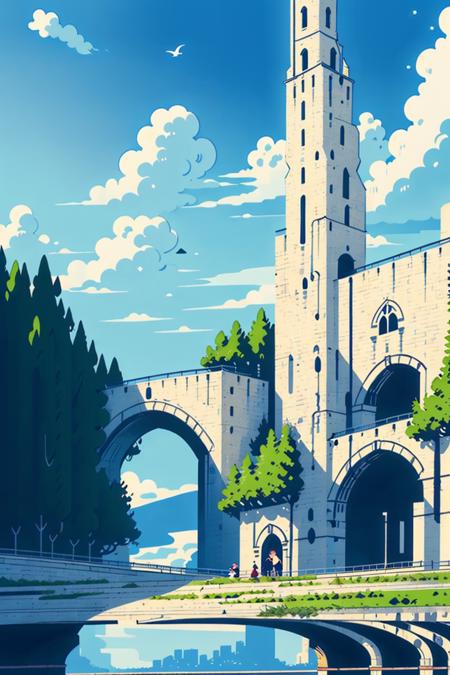 (illustration:1.0), masterpiece, best quality,otherworldly, clouds,round arch bridges, dams, water towers, city, architecture, air, sky, magic, trees, grass, flowers,birds, sparkling water, lake, bridge, semicircular arcs, turning corners, Zelda, game CG, Ghibli style <lora:tuyafengge_20230707170048:0.8>