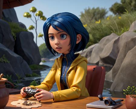 (Masterpiece, best quality:1.4), 8k, (top quality), (ultra-detailed portrait), hyperrealistic, (3d), dutch angle, coralinefilm, cowboy shot, (stop motion:1.3), cgi, animated, ((cinematic)), <lora:coraline-08:0.8>, dark (blue hair:1.1), 1girl, solo, playing games, yellow jacket, day, sunlight, outdoors, nature, scenery, tree, flower, water, stone, fantastic composition, (volumetric lighting), (shiny:1.1), ((intricate details, hyperdetailed)), shadow, ((blurry background)), (deep depth of field:1.3), sharp focus,(cinematic lighting:1.2), (dynamic), ((extremely detailed background))