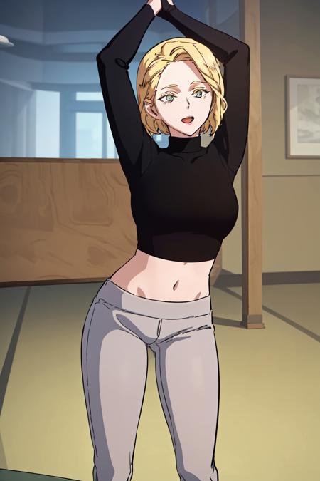 masterpiece, best quality, absurdres, perfect anatomy, beautiful background, beautiful face, beautiful eyes, beautiful body, happy, sophiaboray, 1girl, solo, short hair, pants, blonde hair, shirt, long sleeves, midriff, sweater, crop top, black shirt, turtleneck, grey pants, black sweater,  Mimicking a yoga pose,  <lora:SophiaBoray:0.85>