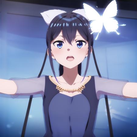 high quality, best quality, masterpiece, absurdres, rena hananoi, idol, 1girl, stage, singing,  <lora:rena-000003:0.8>, glow, hair_bow, butterfly, blue_dress, reaching_out, stretched_arms