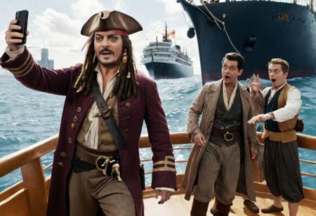 Johnny Depp dressed as Captain Jack Sparrow taking a selfie with 
Rowan Atkinson dressed as Mr Bean on the board of a sinking ship, in the background you can see the sailors yelling and screaming , realistic, complementary colors . octane render, highly detailed, volumetric, dramatic lighting