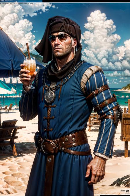 (masterpiece, top quality, best quality, official art, detailed:1.2), <lora:rocheW3:0.7>, rocheW3, beard, beach, sunglasses, holding, holding cocktail, waves, seascape, clouds, cowboy shot, from side,