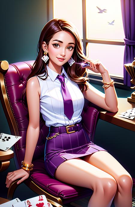 Concept art,CG illustration,hand-drawn art,1girl,card,skirt,solo,brown hair,necktie,purple skirt,sitting,brown eyes,purple necktie,long hair,shirt,bracelet,looking at viewer,sleeveless,jewelry,gift,indoors,belt,playing card,chair,smile,holding,white shirt,box,striped,window,sleeveless shirt,holding card,collared shirt,table,striped skirt,vertical stripes,<lora:Exotic V2:0.8>,