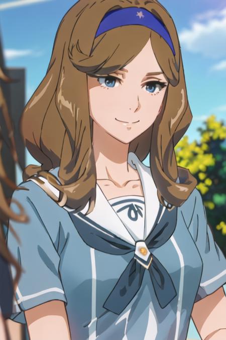 best quality, masterpiece, highres, solo, {himekawa_mizuho_birdiewinggolfgirlsstory:1.15}, brown_hair, long_hair, hairband, blurry, closed_mouth, blue_eyes, 1girl, blue_shirt, blue_sky, day, shirt, sky, smile, upper_body, closed_eyes, cloud, collared_shirt, outdoors