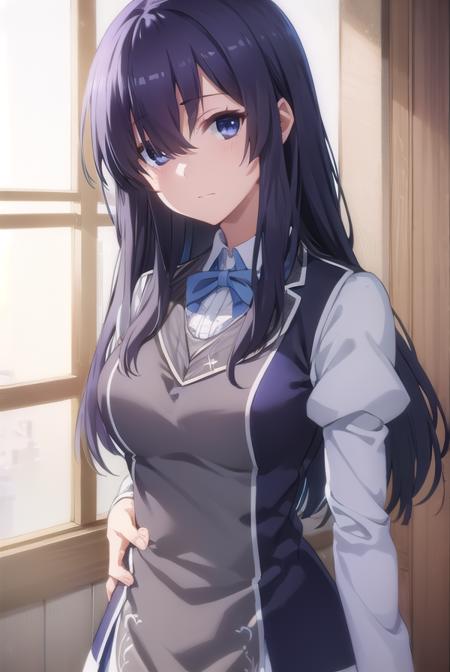 ayaseayatsuji, <lora:ayase ayatsuji s1-lora-nochekaiser:1>,
ayase ayatsuji, long hair, black hair, hair over one eye, (grey eyes:1.3),
BREAK skirt, long sleeves, school uniform, juliet sleeves,
BREAK indoors, classroom,
BREAK looking at viewer, (cowboy shot:1.5),
BREAK <lyco:GoodHands-beta2:1>, (masterpiece:1.2), best quality, high resolution, unity 8k wallpaper, (illustration:0.8), (beautiful detailed eyes:1.6), extremely detailed face, perfect lighting, extremely detailed CG, (perfect hands, perfect anatomy),