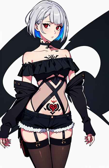 (absurdres:1.21), (masterpiece:1.331), (wallpaper:1.1),radial background, (colorful), (dark persona:1.1),1girl, solo,kogal,silver hair, very short hair, looking at another, tattoo, off shoulder, shorts, bodystocking, red eyes, cowboy shot,cool
 <lora:tarou2_v2:0.7> <lora:beautifulDetailedEyes_v10:0.2:face>