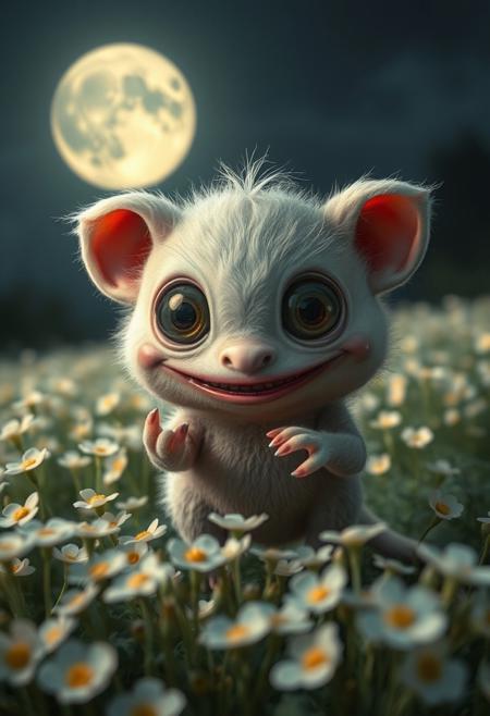 A small, round creature with big, innocent eyes and an unsettling smile that stretches too wide. It has soft, pastel-colored fur, making it look cuddly, but its elongated fingers and slightly distorted features give it an eerie vibe. The creature is surrounded by a field of delicate, glowing flowers under a dimly lit moon, with shadows cast in strange angles, making the scene both charming and unnerving. Its large eyes reflect the light, adding an intense, almost hypnotic gaze that mixes sweetness with an underlying sense of dread.