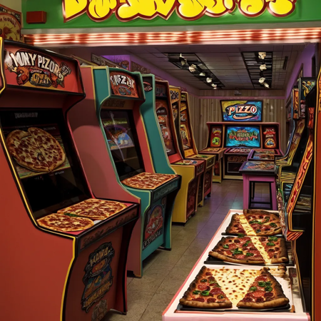 Inside a busy 80s style arcade, pizza and buffet in the middle, manny people.<lora:VaporWave_Style:0.8>