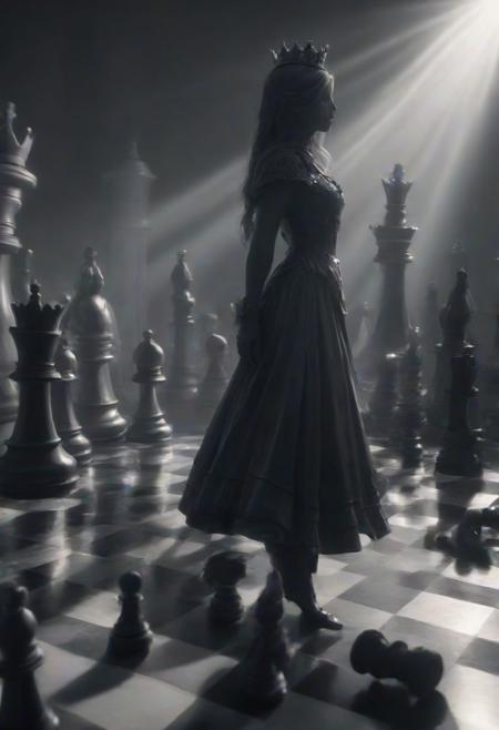 Ultra detailed fantasy artwork of the silhouette of a woman as chess-queen,Giant chessboard,silhouettes of giant chess pieces,lighting reflections,8k,octane render masterpiece,masterpiece scale,beautiful depth of field,ultra wide field,ultra detailed CG perspective,ultra dynamic lighting amazing shadows,dramatic lighting,<lora:add-detail-xl:1>,