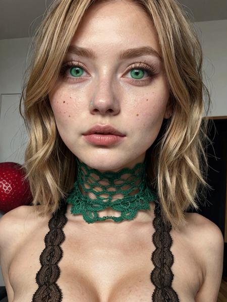 safe_pos, score_9, score_8_up, score_7_up, photo, photorealistic, a sexy possessed girl, short wavy strawberry blonde hair, large realistic green eyes, looking at viewer, skinny, athletic, large saggy breasts, (puffy nipples), dark eye shadow, ripped clothes, real skin, mole, toned, arched back, parted lips, aroused, looking at viewer, sexy thighs, innocent look, adorable face, pouty lips, lace choker