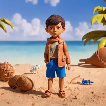 Boy wearing shorts in front of a beach,
,Clay Animation, Clay,<lora:ClayAnimation15PasWithTE:1>