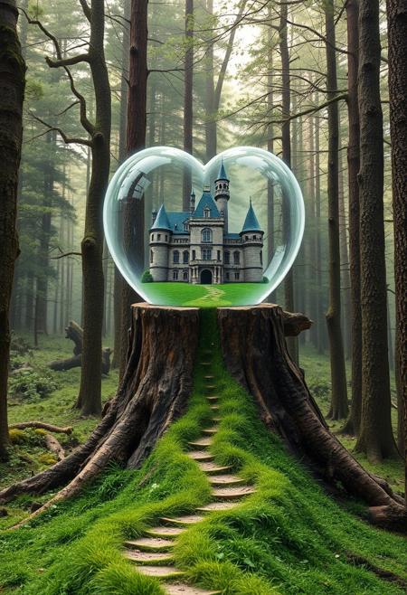 In the old forest, on a large sawn tree stump, stands a heart-shaped crystal ball, inside the crystal ball is an old castle, the castle is surrounded by a green grass, the grass a winding path leads directly from the stump to the castle.