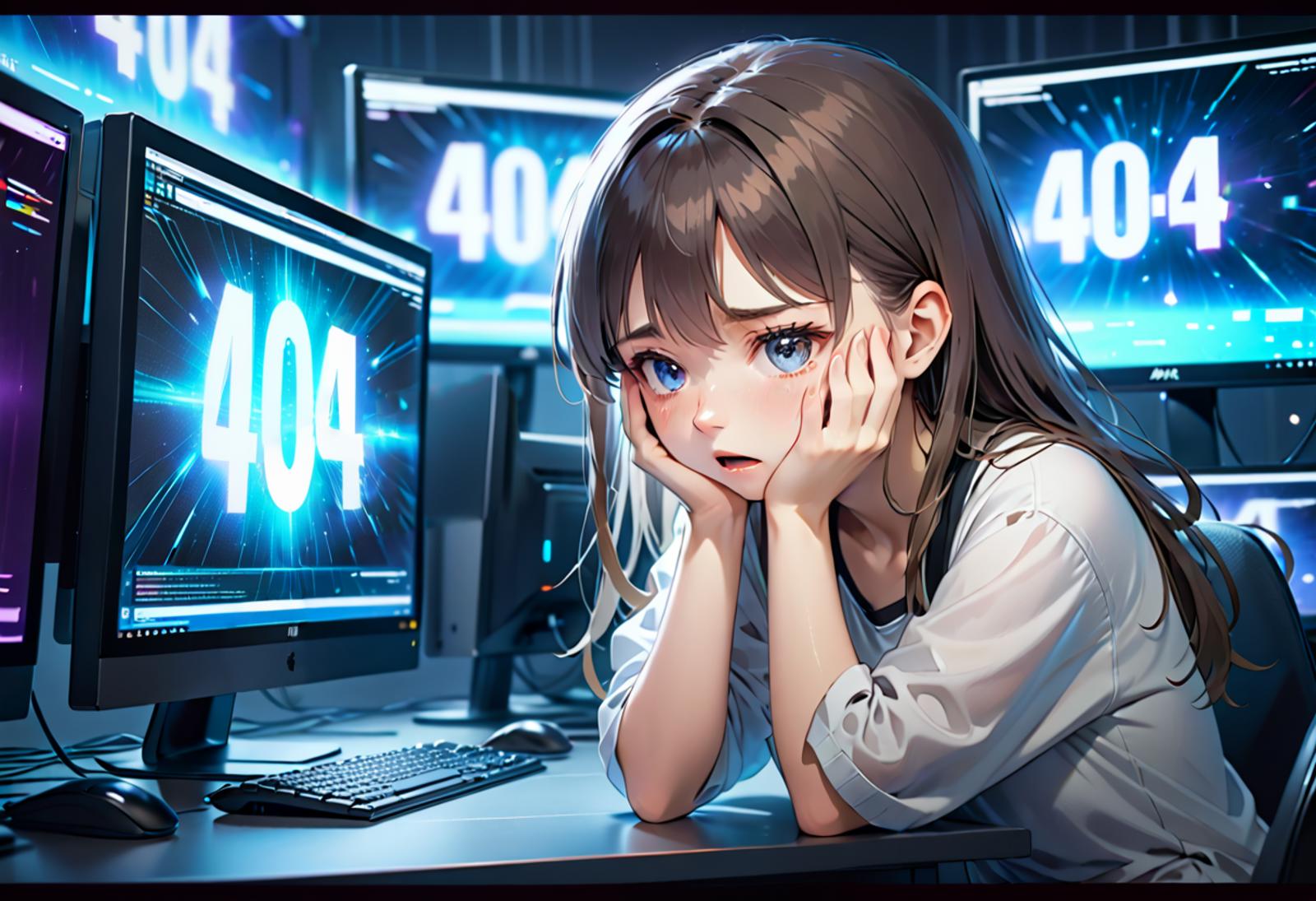 A young girl with a sad expression in front of multiple computer screens.