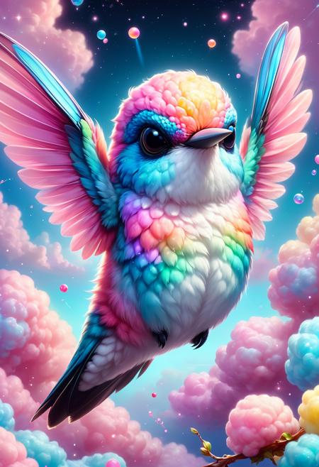 <lora:SDXLCottonCandy:0.8> cottoncandy, macro photo, sparkling magical fantasy candy hummingbird, very detailed, amazing quality, intricate, cinematic light, highly detail, beautiful, surreal, dramatic, galaxy fantasy colors,