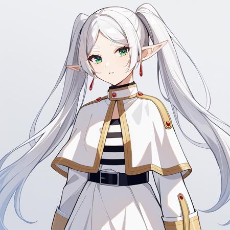 1girl,solo,pointy_ears,twintails,green_eyes,long_hair,jewelry,white_hair,white capelet,earrings,elf,capelet,belt,shirt,dress,parted_bangs,long_sleeves,bangs,white_dress,<lora:frieren-000013:0.7>,