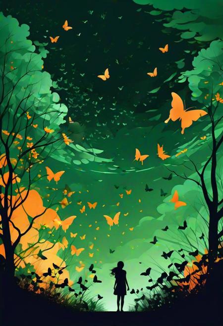 High contrast silhouette vector art, (Noir art style:1.3), Green and orange color scheme, (Moonlit night:1.2), Sweeping light rays forming a floral pattern, (Butterflies in flight:1.2), Kids playing innocently in the distance, (Enchanting scene:1.2), Atmospheric depth, Mysterious ambiance.