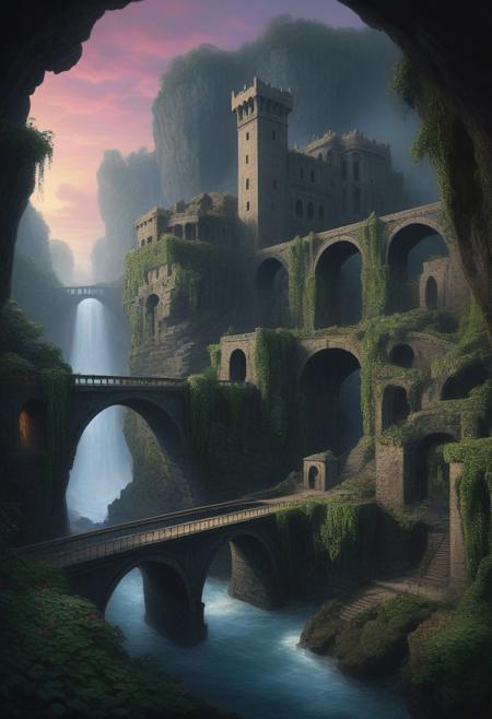 magnificent painting of an island, island with a huge dark cave, darkness, sprawling underground anciet city, reclaimed brutalism, stone buildings, stone towers, bridges, ((giant statue of Twilight Sparkle)), smoke, steam, steam_swirls, bridges, waterfall, ivy, (masterpiece:1.2), best quality, (hyperdetailed, highest detailed:1.2), high resolution textures,