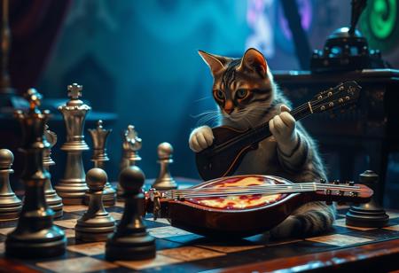 cat from wonderland on a chessboard, horror ambience,italian mood, magnana por la magnana, italian sign, no work from me today, mafia pizza mandolino