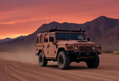 motor vehicle, no humans, dirt road, red background, outdoors, vehicle focus, sky, red sky, desert, mountain, shadow, mountainous horizon, orange sky, sand, cloud, hill, blue sky, truck, solo, 
AM General HMMWV, jeep, military vehicle,
