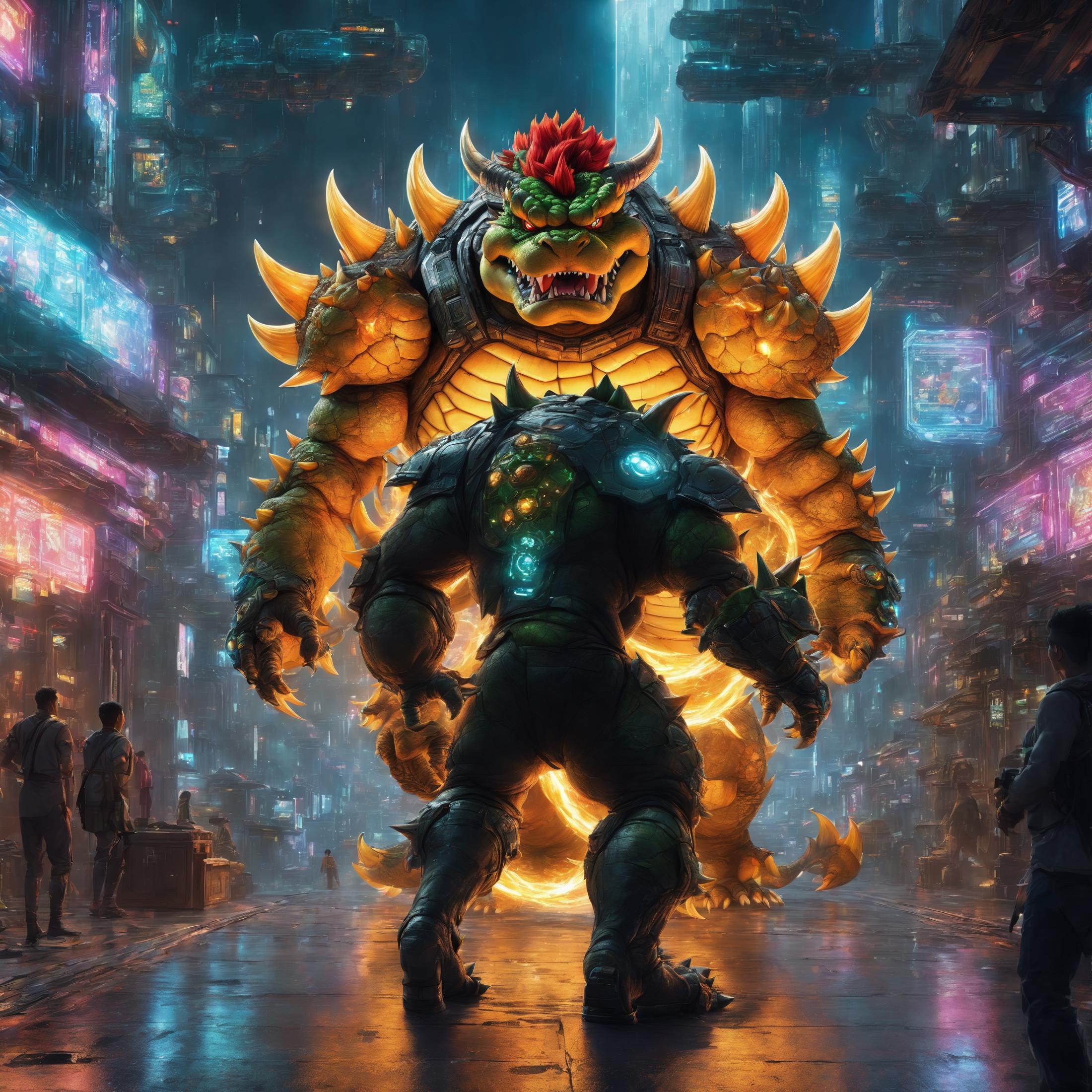 A giant robot with a red flower on its head is walking through a street, as people watch in awe.