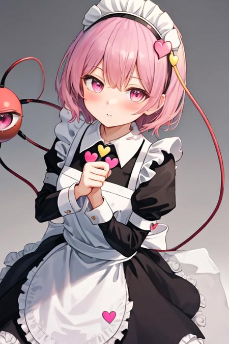 best quality, masterpiece, highres, solo, {maid:1.40}, {long maid dress:1.15}, {komeiji_satori_touhou:1.15}, heart, short_hair, hairband, pink_hair, third_eye, pink_eyes, blush, hair_ornament, heart_hair_ornament