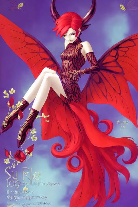 detailed face ,a red pixie_\(fairy\) face on a magazine cover with the title , pixie_\(fairy\) written in red and the image of one pixie_\(fairy\) , a poster, perfect facial symmetry, naturalism,Art by kazuma_kaneko,full_body