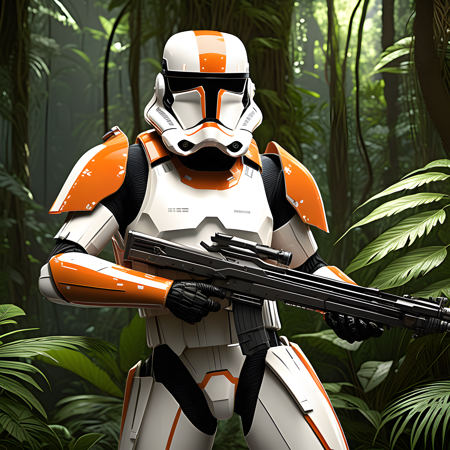 A Star Wars trooper clad in specialized orange and white armor designed for jungle warfare, blending seamlessly with the lush alien foliage. The trooper's helmet is equipped with advanced visors, tactical sensors, and communication arrays, featuring a streamlined and formidable design. In their hands, the trooper wields a heavy blaster rifle inspired by the MG42 but adapted with futuristic Star Wars technology, complete with glowing energy cells and intricate mechanical details. Behind them, the dense jungle environment teems with exotic flora and fauna, creating an immersive backdrop