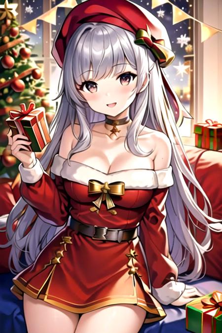 (masterpiece:1.2), best quality, masterpiece, highres, original,perfect light, 4k,8k,1girl, aran sweater, bangs, belfast \(azur lane\), black skirt, blush, box, breasts, brown sweater, choker, christmas, christmas ornaments, christmas tree, cleavage, collarbone, gift, gift bag, gift box, hat, heart-shaped box, holding, holding box, holding gift, holly, incoming gift, long hair, looking at viewer, off-shoulder sweater, off shoulder, open mouth, pocky, red headwear, santa hat, silver hair, skirt, smile, solo, sweater, very long hair, <lora:christmas:0.7>