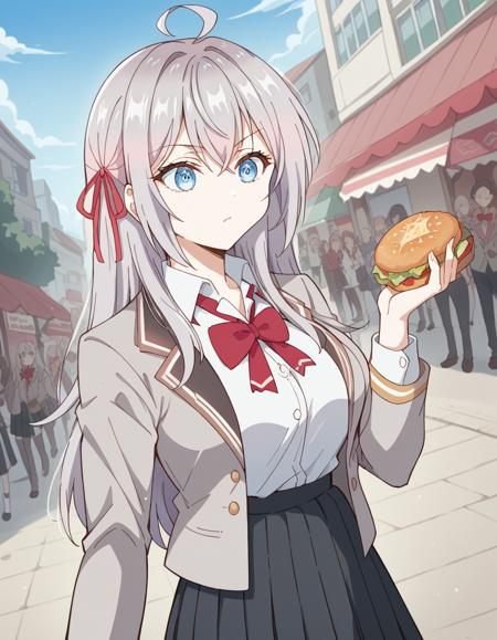 alisa mikhailovna kujou, long hair, bangs, blue eyes, hair ribbon, ahoge, grey hair, red ribbon, large breasts, skirt, shirt, long sleeves, bow, school uniform, jacket, white shirt, pleated skirt, collared shirt, bowtie, black skirt, red bow, red bowtie, blazer, grey blazer, long sleeves,
