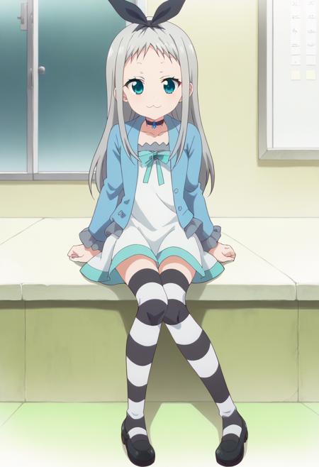  hideri, long hair, aqua eyes, black hairbow, grey hair, male focus, choker, otoko no ko,  frills, puffy sleeves, white gloves, black footwear, apron, white thighhighs, puffy short sleeves, black hairbow, waist apron, white apron, crossdressing, frilled apron, center frills, waitress,  white dress, skirt, bow, ribbon, black hairbow, choker, striped, zettai ryouiki, cosplay, otoko no ko, striped thighhighs, blue jacket, open jacket,