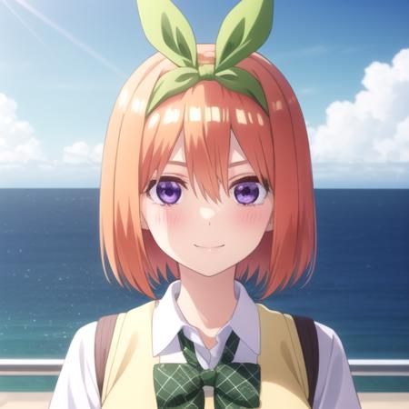 ((masterpiece)),(best quality),official art,extremely detailed CG,unity 8k wallpaper,ultra detailed,A lighthouse on a cliff by the sea,1girl,solo,upper body,(portrait:1.2),white_shirt,smile,green_ribbon,bangs,pleated_skirt,green_skirt,short_sleeves,yellow_sweater_vest,hair_ribbon,collared_shirt,blush,green_bow,hair_between_eyes,orange_hair,purple_eyes,eyebrows_hidden_by_hair,looking_at_viewer,school_uniform,v-shaped_eyebrows,medium breasts,short_hair,<lora:Nakano Yotsuba(tqq)>,