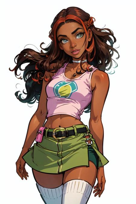 Aisha/Layla brown skin, dark-skinned female, curly hair, long hair, brown hair, red strips in hair, blue-green eyes CasualOutfit pink cropped tank-top, green skirt, white socks, green boots FairyOutfit green outfit, sparkling outfit, fairy wings, green boots, wings