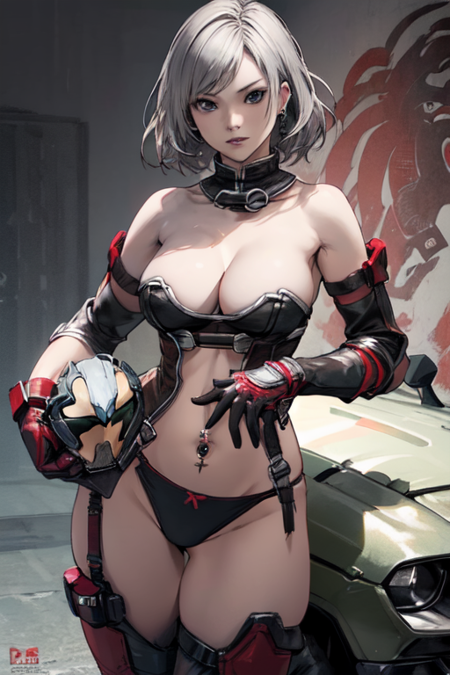 TekkenForce, 1girl, solo, large breasts, gloves, navel, cleavage, underwear, panties, elbow gloves, helmet, navel piercing