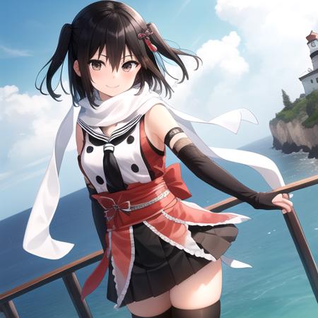 ((masterpiece)),(best quality),official art,extremely detailed CG,unity 8k wallpaper,ultra detailed,A lighthouse on a cliff by the sea,1girl,solo,cowboy shot,smile,white_scarf,two_side_up,fingerless_gloves,brown_eyes,bangs,elbow_gloves,double-breasted,thighhighs,hair_ornament,looking_at_viewer,black_skirt,black_hair,school_uniform,buttons,serafuku,short_hair,brown_hair,pleated_skirt,blush,hair_between_eyes,sash,asymmetrical_legwear,black_gloves,v-shaped_eyebrows,black_neckerchief,<lora:Sendai(kan)>,