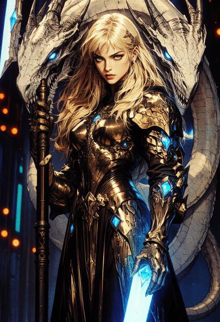a futuristic, cyberpunk-styled female warrior. She stands in the center of the image, exuding a commanding presence. Her skin is pale and her long, flowing golden hair contrasts starkly with the dark, gold armor that covers her body. The armor is intricately detailed with sharp, angular lines and glowing diamond , particularly around her right arm, which emits a vibrant, ethereal blue light.
She wields a large, double-headed scythe that is almost as tall as she is. The scythe has a metallic sheen, with one blade being a sharp, white, almost crystalline material, and the other blade emitting a similar blue glow. Her expression is intense and focused, with piercing blue eyes that match the glow from her arm.
Behind her, a massive, serpentine dragon with a similarly pale, almost white, scales is coiled protectively. The dragon's eyes are glowing blue, matching her arm and adding to the overall mystical and powerful aura of the scene. The background is a dark, industrial setting with blurred, metallic structures and neon lights, enhancing the cyberpunk feel. The artwork is highly detailed and rendered in a realistic yet fantastical style, typical of high-quality digital art.