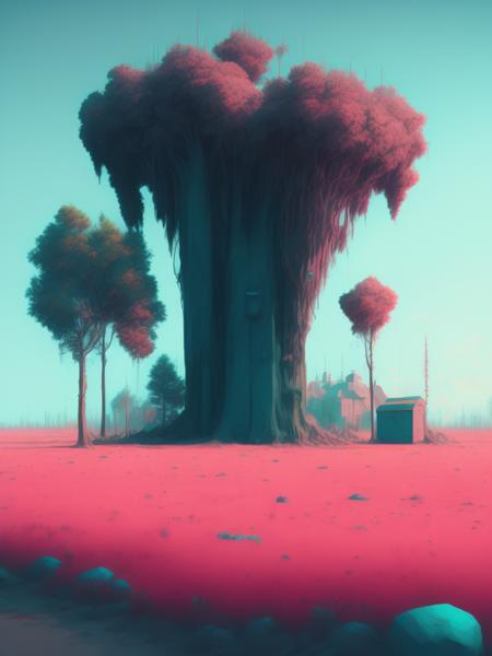 <lora:FilipHodas:1>Simon Stlenhag style art, 3D, 8k, dynamic lighting, hyper realistic, sky high redwood towering over a small town in the middle of a teal and pink colored field