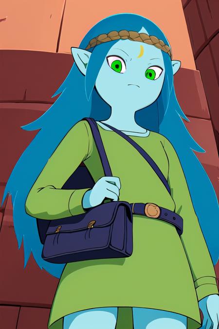 <lora:Canyon_Adventure_Time-06:0.9>, 1girl, solo, long hair, closed mouth, long sleeves, dress, very long hair, green eyes, blue hair, teeth, pointy ears, belt, bag, colored skin, facial mark, looking down, from below, green dress, pouch, forehead mark, blue skin, flat color, mature female,