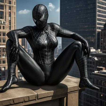 score_9, score_8_up, score_7_up, best quality, realistic, masterpiece, beautiful detail, hyperrealistic, afternoon sky, ((1girl, woman body, big breasts)), amazing detailed full body portrait of a beautiful girl, wearing a realistic and highly detailed black raimi spider-man suit , wears black spiderman mask, ((huge muscular girl)), (sitting, spread legs), suit covered entire body and hand, black spiderman gloves, (full body), (dirty skin), close up, octane render, highly detailed, volumetric, dramatic lighting, (highest quality:1.1), (HDR:1.3), (top quality, best quality), realistic, high definition,
