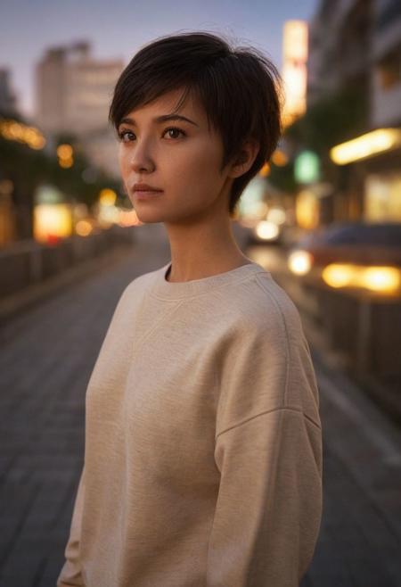 , cinematic, realistic, photorealistic, score_8_up, score_9, score_8_up score_7_ up, sharp, hyperdetailed, hyperrealistic, textured skin BREAK, Kholek: in tokyo, plain crew neck sweatshirt, japanese, city background , wide angle, dutch angle, golden hour, vivid colors, realistic lights, perfect body proportions <lora:43stl1ght1ngXLP2:1> 43stl1ght1ng, low light, dramatic lighting, darkness, eye lighting, short hair