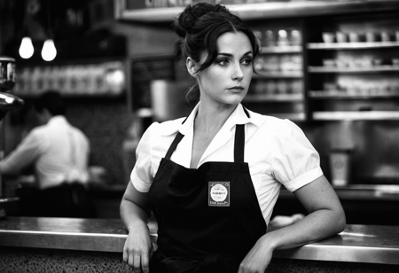 (black and white),  (windy), (pensive), racy itallian waitress serving in old itallian caffee, wrinkles on forehead, leaning back at counter, arms crossed, (full body), ((eagle nose)), shadows, massive brunette tied bun, (melancholic),((daydreaming)), unkempt, (wide cheekbones), (round face),  (skin moles), (skin pores), ,(cinematic), (bokeh:2), 32  years old sturdy semitic woman, black apron