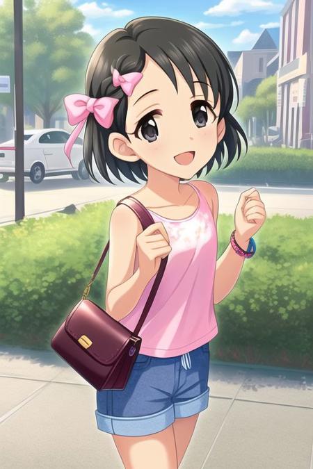 Sasaki Chie,
1girl, bag, black eyes, black hair, blue bow, bow, bracelet, braid, child, collarbone, day, female child, fence, flat chest, grey shorts, hair bow, handbag, holding, holding bag, jewelry, light blush, looking at viewer, open mouth, outdoors, pink bag, plate, purple shirt, shirt, short hair, shorts, sleeveless, sleeveless shirt, smile, solo, thighs
<lora:u149-v3.1:1>