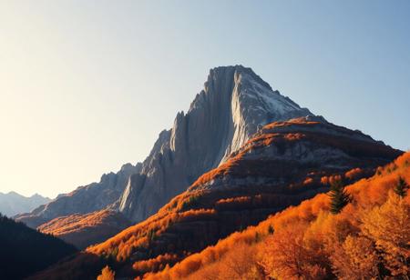 Award-winning photography, towering mountain peak, autumn scenery with vibrant fall colors, clear sky with no clouds, crisp atmosphere, golden and red leaves, sharp mountain textures, dramatic sunlight, wide-angle shot, professional composition, serene and peaceful.