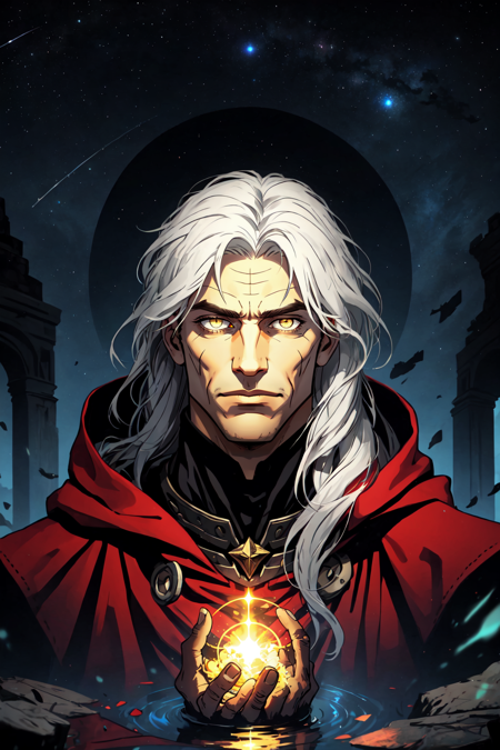 solo, long hair, 1boy, male focus, holding, white hair, yellow eyes, colored skin, yellow skin, sunken eyes, BREAK, glowing eyes, glowing, BREAK sky, BREAK cloak, red cloak, black hood, hood, portrait, star (sky), starry sky, magic, portal, BREAK, outdoors, fantasy, insane vibes, godlike, evil,