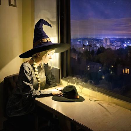 <lora:citygrayness:1.0>, citygrayness, a room with a table and a window with a view of a city at night in the distance,, blonde hair, braid, close-up, eyes closed, hat, long hair, open mouth, witch, witch hat