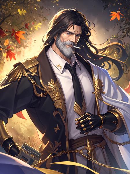 masterpiece,best quality,highres,cinematic lighting,dramatic angle,<lora:ShadowverseKagemitsuV1-000021:0.8> ,1 old man,black hair ,white beard,falling leaves,holding pistol,glock,revolver,pointing at viewer,black suit,see-through black sunglasses,necktie,white shirt,glowing blue eyes,looking at viewer,close-up,straight-on,portrait,cigarette in mouth,steam