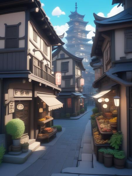 best quality, masterpiece, highres, Ghibli, cartoon style, sfw, Game Scene Mood Map, Unreal Engine, Toon Rendering, city, ink scenery,Shopping Street,avatar cute,3d style