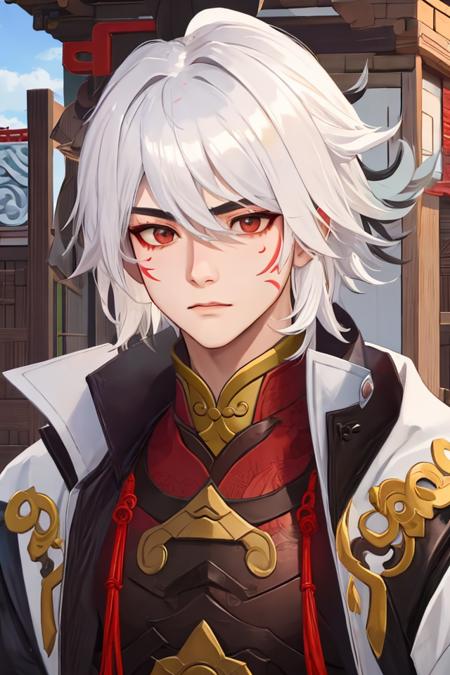 1boy,liubei,white hair,outdoor ,masterpiece, best quality,(red mark:0.8) , <lora:liubei-5:1>,face