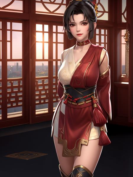 mature female,arms behind back,cityscape,night,facial mark,close-up,indoors,window,1girl,blush,looking at viewer,standing,hair ornament,short hair,boots,tassel,obi,<lora:YUNYING_20230706235137-000012:0.8>,ponytail, choker,