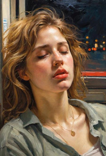 impressionist painting with rough brush strokes by Berthe Morisot, full portrait of drunk girl sleeping on night bus, young woman, soft body, oval face, round cheeks, messy and unkempt hair, night time, (drooling from parted lips, saliva on chin:1.5), detailed textures, simple necklace, night lighting,