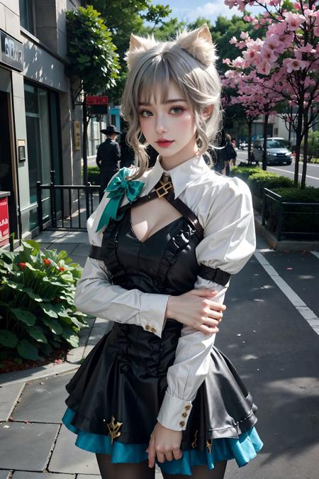 <lora:Lynette:0.75>,realistic, photorealistic, Lynette_genshin,((1girl)), cowboy shot,(close-up),grey hair, cat ears, black short dress, white long sleeves, black pantyhose, cleavage, upper body,((standing)),outdoors, castle, streets, green plants, flowers,